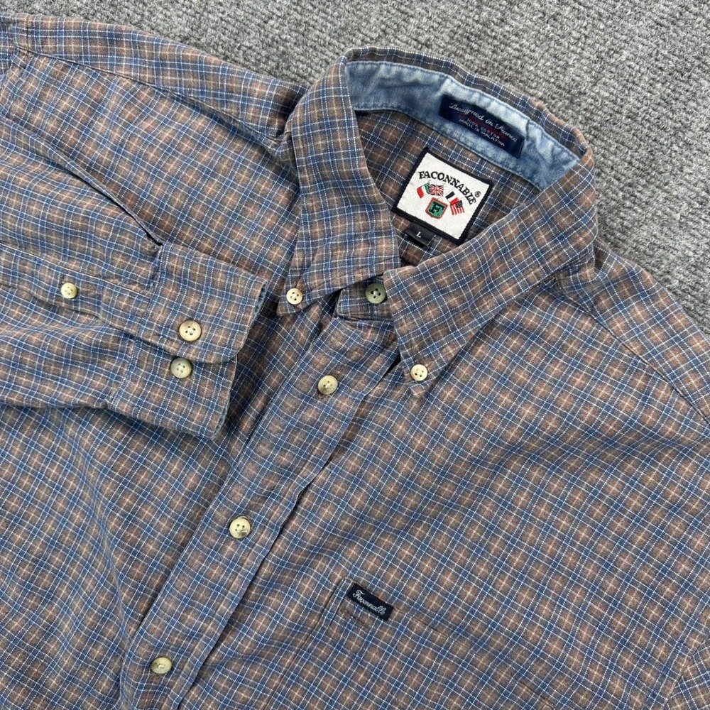 VTG Faconnable x Albert Goldberg Flannel Shirt Mens L Blue Brown Check Plaid‎